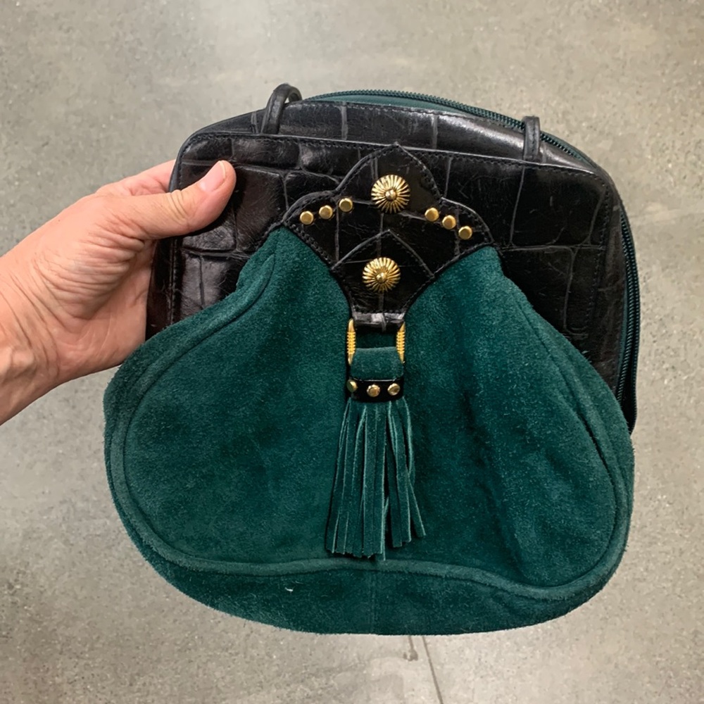 ETRA Green Suede Cross Body Shoulder Bag Vintage